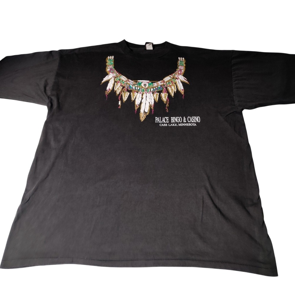 Palace Bingo and Casino Cass Lake MN Black T Shirt Tribal Feathers No Size Tag